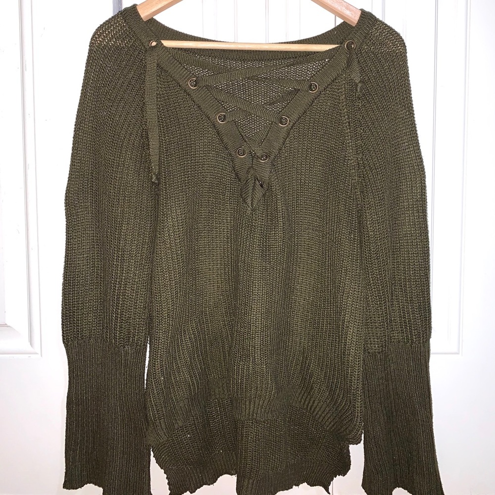 Olive Green Lace-Up Sweater